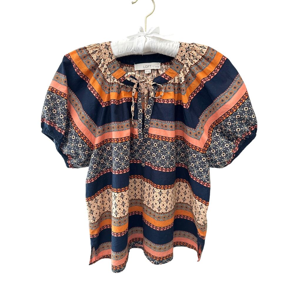 LOFT | Petite Boho Print Keyhole Short Sleeve Blouse Top | Small